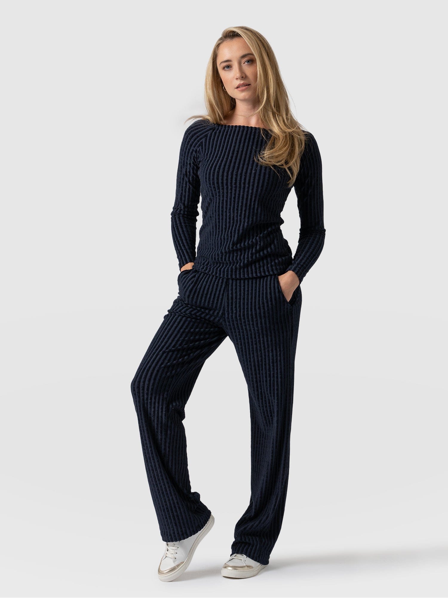 Apartment Pant Navy Stripe Velvet - Women's Pants | Saint + Sofia® USA